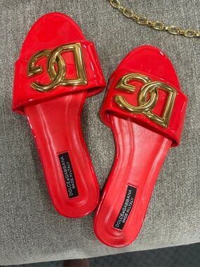 Dolce & Gabbana Red Patent Leather Logo Slide Mules with Gold Hardware